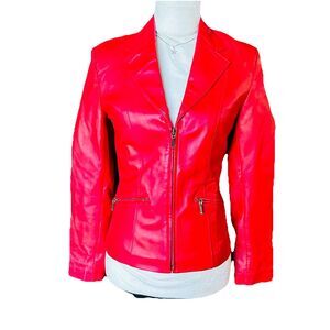 Prague Retro Red Genuine Leather Jacket Women’s XS Zip Front Moto Biker Blazer